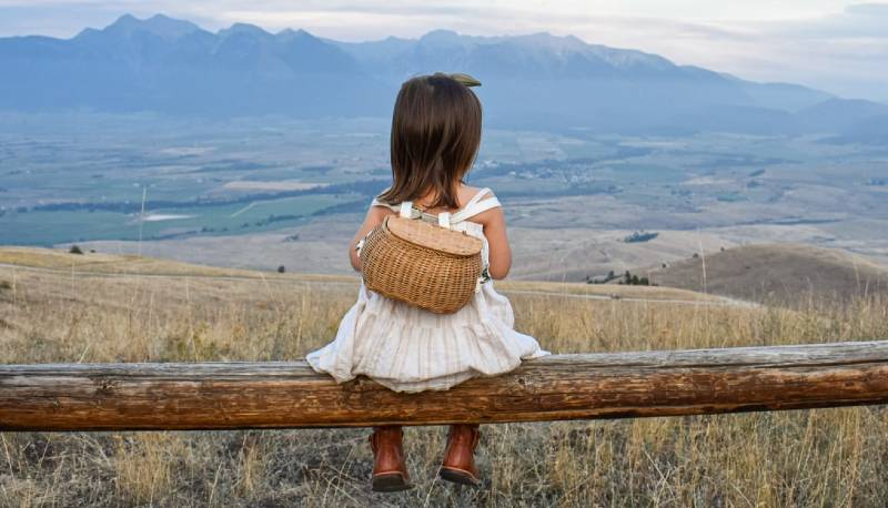 Girl sitting on fence facing beautiful scenery